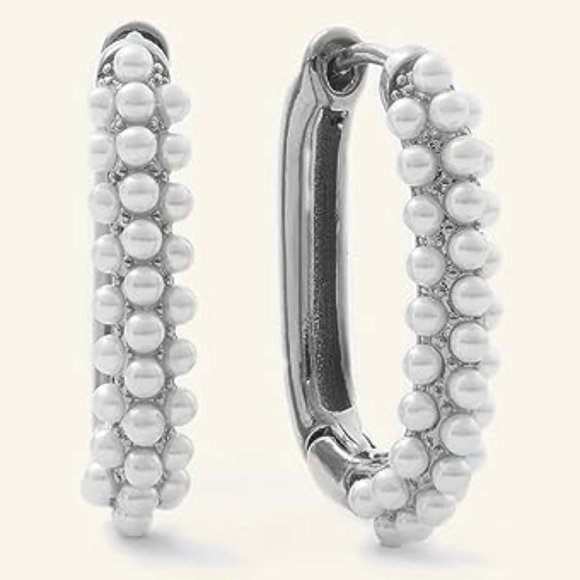 Silver w/ Pearl Rectangle Hoops Rectangular Pretty Hoop Earrings Pave Pearls New - Picture 2 of 9